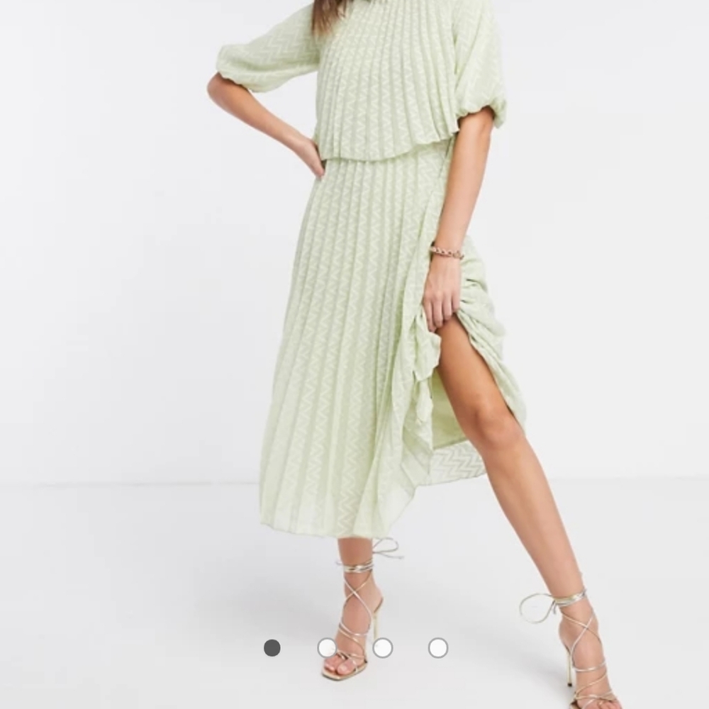 high neck pleated double layer midi dress